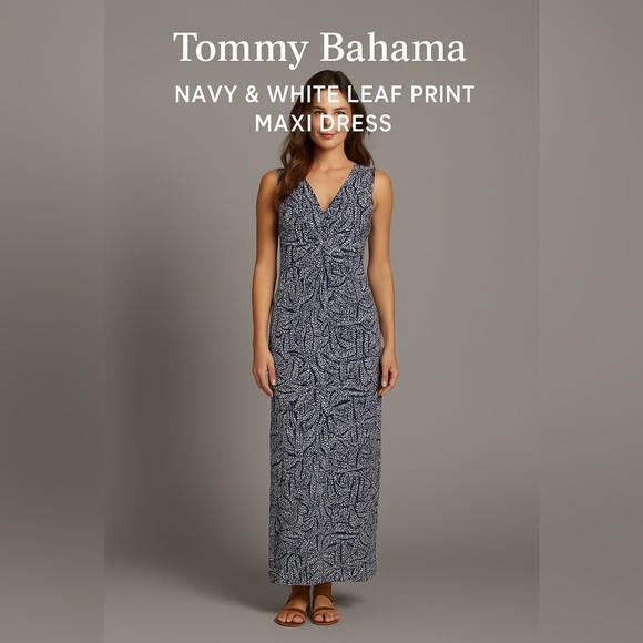 Tommy Bahama 🌿 Navy & White Leaf Print Maxi Dress – Size S/P - Picture 1 of 9